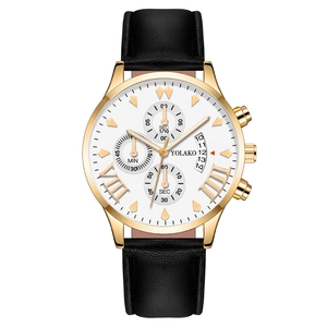 Mens quartz watch with gold case, white chronograph dial and black leather strap