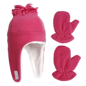 Detail view of pink fleece winter hat and mittens set with soft sherpa lining for kids