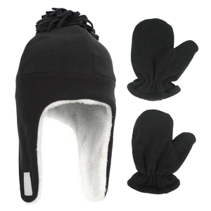 Detail of kids black fleece trapper hat with ear flaps and matching mittens set
