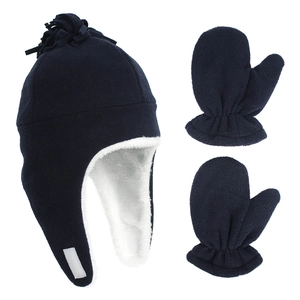 Deep blue children's winter fleece hat and mittens set with soft warm lining