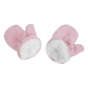 Detailed view of pink fleece baby mittens with thick warm white faux lamb wool lining