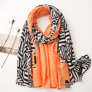 Lightweight bright orange and black geometric pattern cotton linen shawl scarf for summer