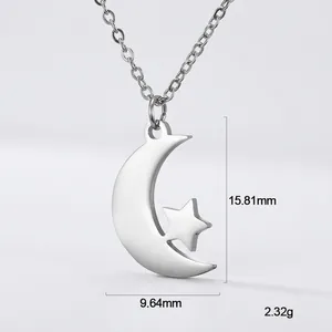 Silver stainless steel moon and star pendant necklace with precise dimensions and weight