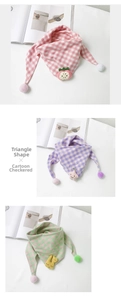 Detail of plaid cotton triangle scarves with strawberry, star, and rabbit plush icons