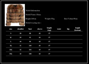 Detailed size chart for faux raccoon fur coat with model measurements for accurate fit