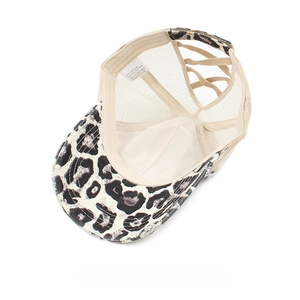 Breathable leopard print mesh baseball cap with ponytail hole and elastic cross bands