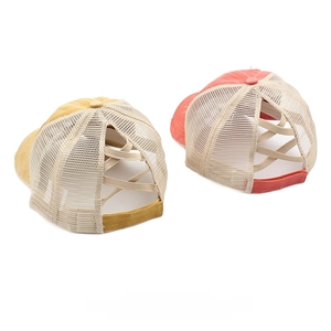 Yellow and coral washed baseball cap with mesh back and elastic high ponytail opening