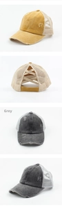 Detail of grey ponytail baseball cap with breathable mesh and criss-cross elastic bands