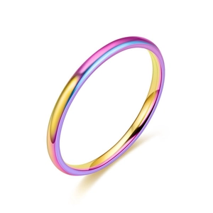 Macro detail of a rainbow gradient stainless steel ring with smooth polished finish