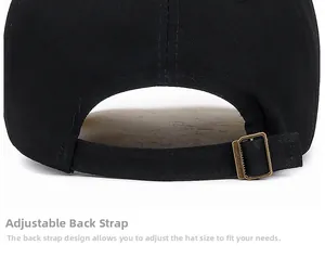 Close-up of black cotton baseball cap back with adjustable bronze metal buckle strap