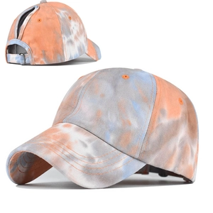 Tie-dye cotton ponytail baseball cap with adjustable open back for women in orange and blue