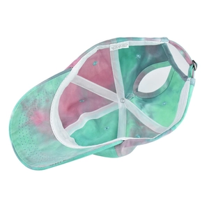 Detail of cotton tie-dye ponytail cap showing inner lining and silver metal buckle