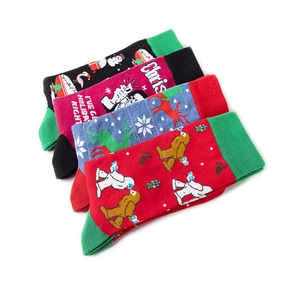 Close-up of four colorful cotton Christmas socks featuring snowman and reindeer patterns