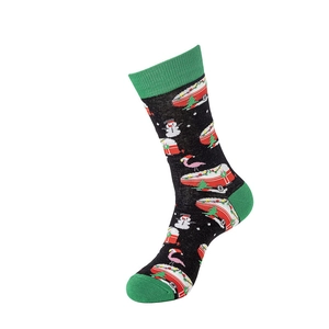 Detail of Christmas cotton crew sock featuring cartoon flamingos and snowmen on black fabric