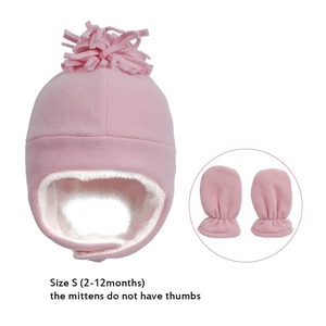 Pink fleece baby winter hat and mittens set with ear flaps and warm plush lining