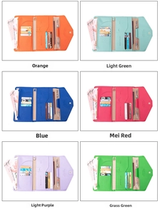 Multi-color RFID travel wallets showing internal card slots and passport holders