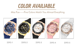 Various colors of Miss Fox quartz watches with silicone straps and rhinestone bezels