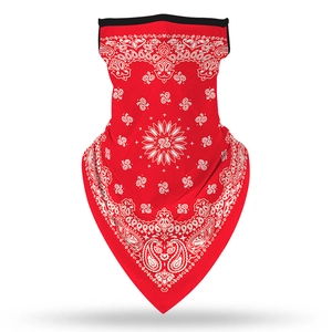 Red paisley print multipurpose neck gaiter with ear loops for outdoor sports