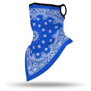 Royal blue paisley neck gaiter with ear loops and star sun patterns for outdoor sports