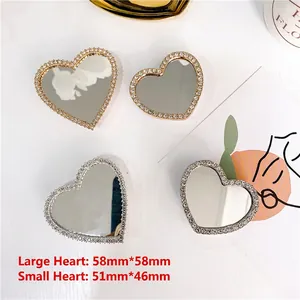 Ins heart diamond mirror phone grip holder in gold and silver, two sizes displayed