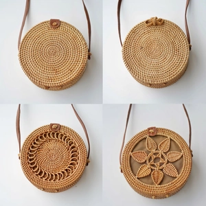 Handmade Vietnamese rattan crossbody bags with four distinct woven patterns in a grid