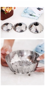 Three-piece set of foldable stainless steel steamer baskets with adjustable petals