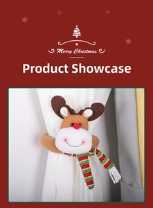 Close-up of reindeer Christmas curtain tie-back with red nose and striped scarf detail