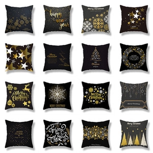 Detailed grid view of 16 Christmas pillow covers with gold and white festive prints