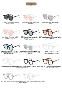 Grid display showing various vintage full-rim sunglasses and blue light blocking glasses