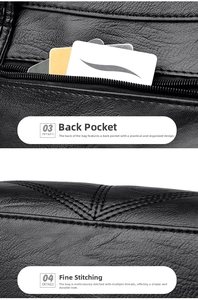 Detail of the back zipper pocket and reinforced V-shaped stitching on black leather tote bag