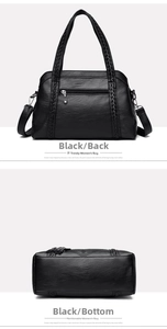 Detailed back and bottom view of black pebbled leather tote bag with woven textures