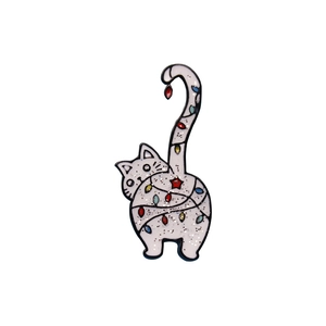 Broche chat de Noël rigolote en émail avec lumières colorées et finition pailletée brillante