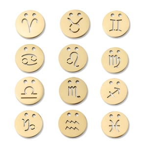 Macro view of twelve golden stainless steel zodiac pendants with double holes on white background