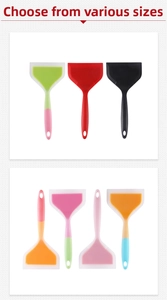 Détails macro des spatules en silicone multicolores avec têtes trapézoïdales et trous de suspension