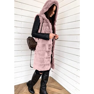 Pink hooded long faux fur vest for women paired with black boots and leather top
