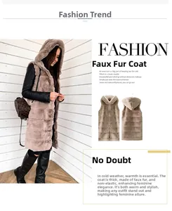 Detail of taupe faux fur hooded vest with thick texture and longline slim silhouette