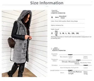Detailed chart showing size and color specifications for the hooded faux fur vest