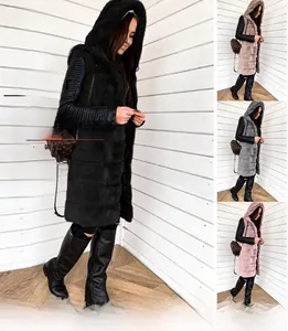 Detail of long hooded faux fur vest for women featuring plush texture and soft colors
