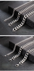 Macro detail of three sizes of silver polished stainless steel Cuban link chains