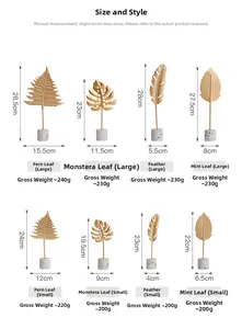 Size chart showing dimensions for gold iron leaf ornaments with marble bases