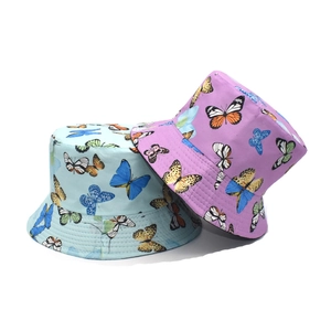 Close-up of butterfly print reversible bucket hat with reinforced brim stitching details