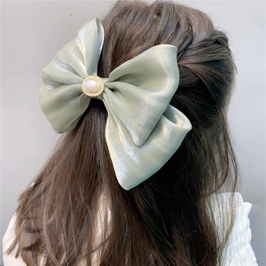 Large Double Layer Satin Bow Hair Clip With Faux Artificial Pearl Rhinestone Elegant Korean Style Spring Clip For Women Girls