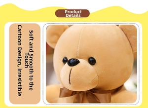 Close-up of light brown teddy bear plush with silk bow tie and soft fabric details
