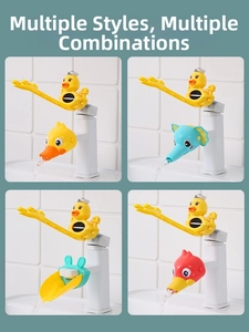 Detail showing four animal-shaped faucet extenders and a duck sprayer for kids' hand washing