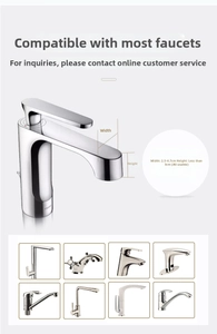 Universal faucet extender adapter showing compatibility guide for various tap sizes