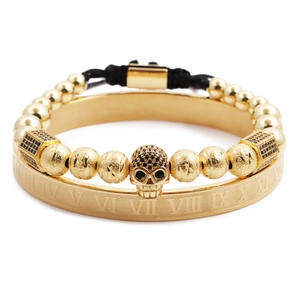 Set di bracciali uomo oro e nero con numeri romani e ciondolo a forma di teschio