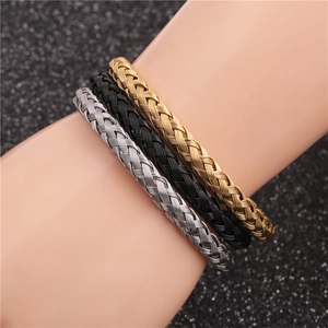 Three-piece braided stainless steel bangle set in gold, black, and silver for men and women