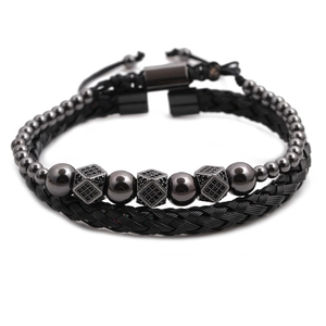 Adjustable double-layer woven bracelet with dark grey metal beads for men