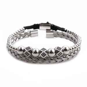 Adjustable stainless steel woven bracelet set with silver beads and black pavé cubes