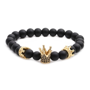Men's matte black beaded bracelet set featuring gold crown accents and black zircons